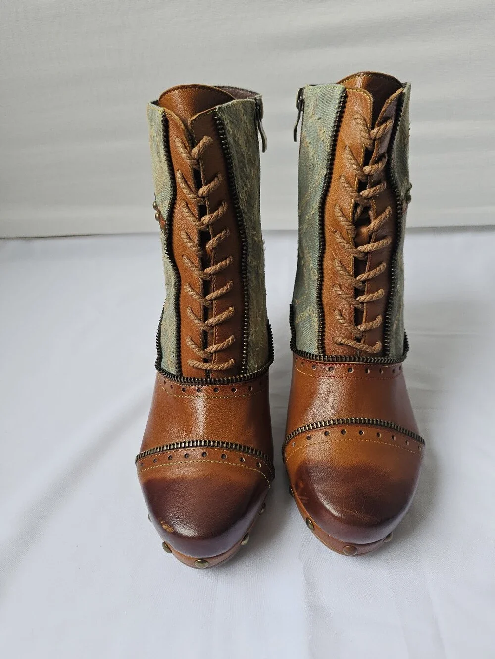 Steampunk Leather and Denim Ankle Boots with Zipper and Stud Details - Size 40